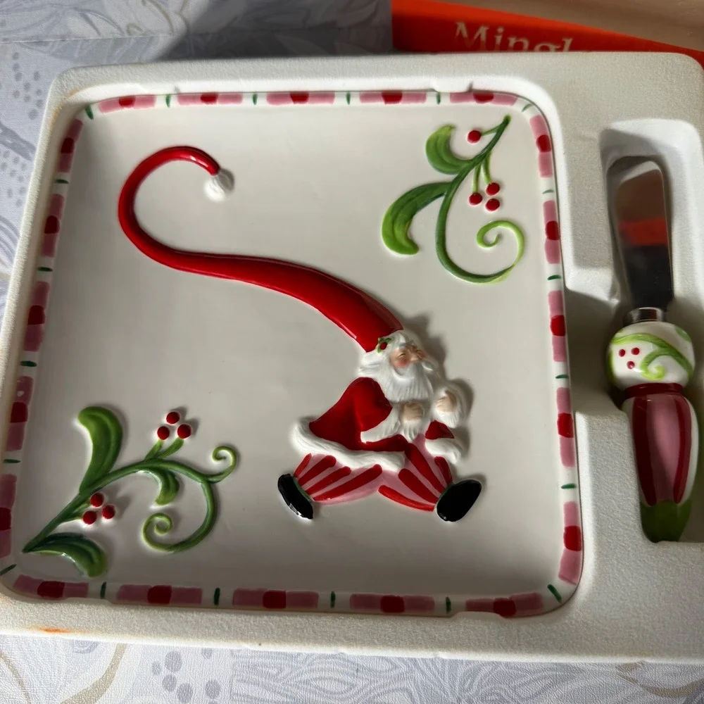 Fitz and Floyd Santa Snack‎ Plate Spreader Mingle Jingle Be Merry Set Christmas